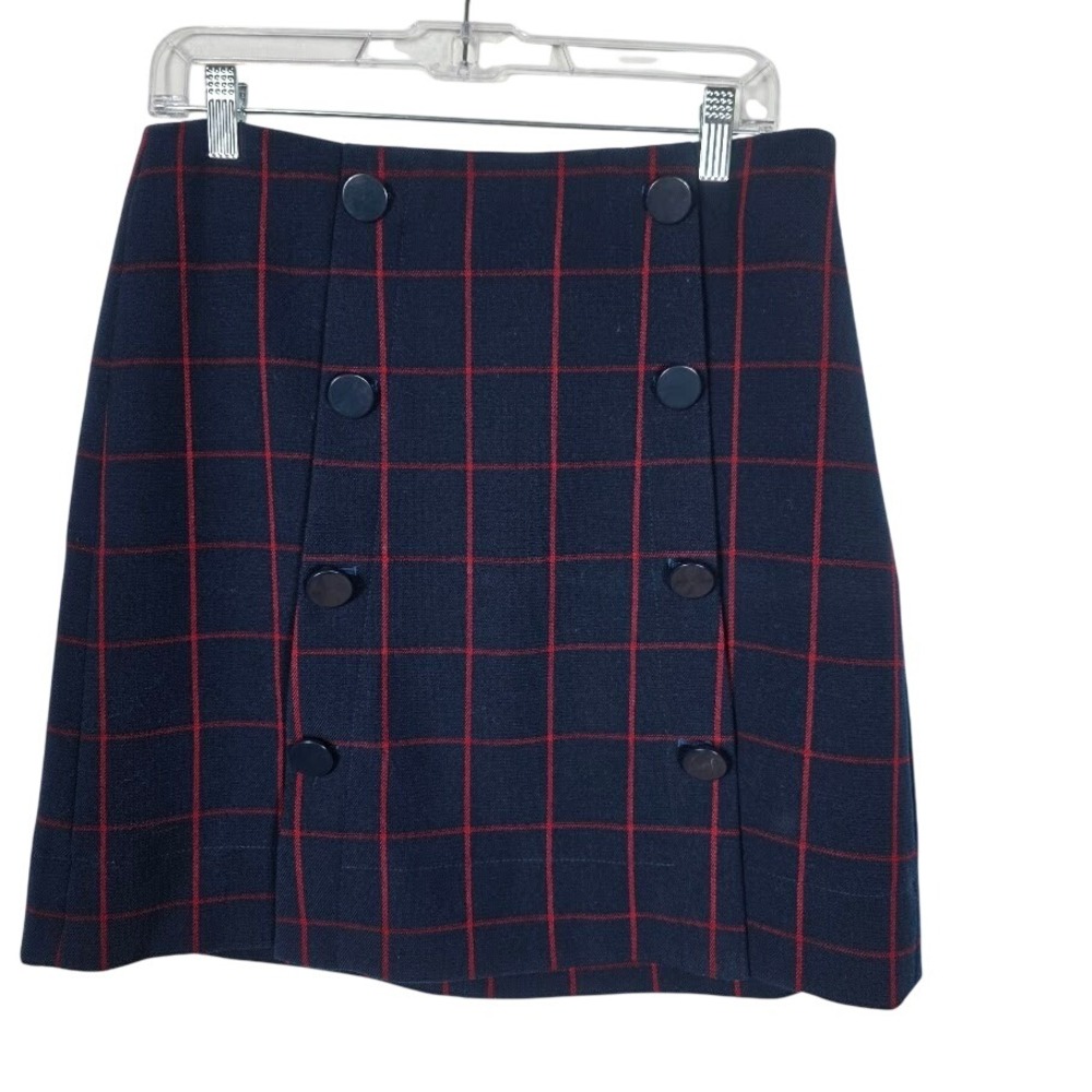 LOFT Mini Skirt Women 10 Navy Blue Red Plaid Button Front School Girl Career